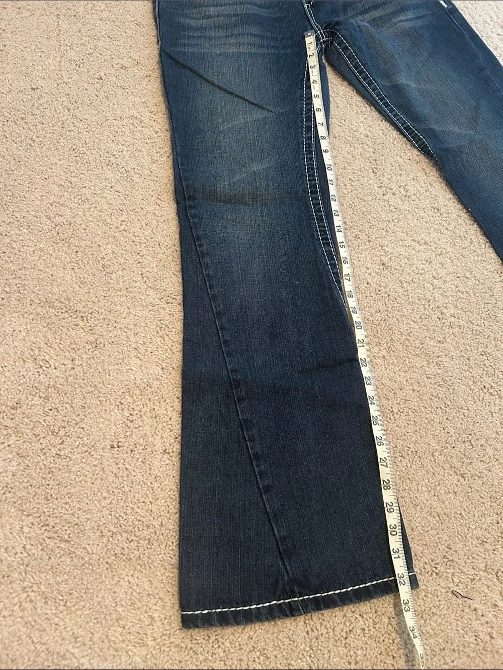 True Religion Dark Blue Bootcut Jeans with White Contrast Stitching